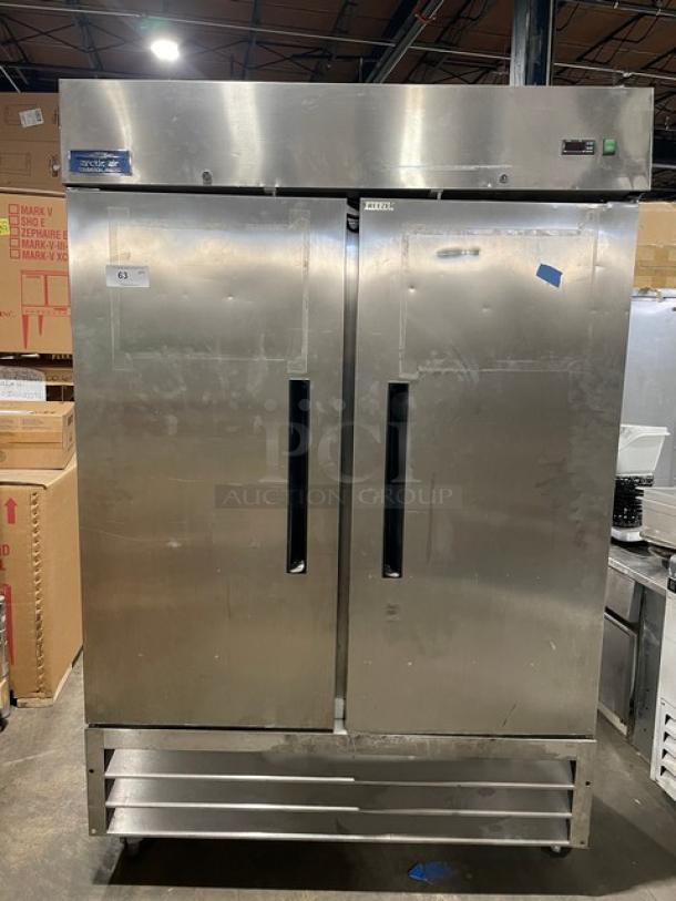 Arctic Air Commercial Stainless Steel 2-Door Reach-In Freezer AF49, SN: 311709, 115V, on casters, used condition.