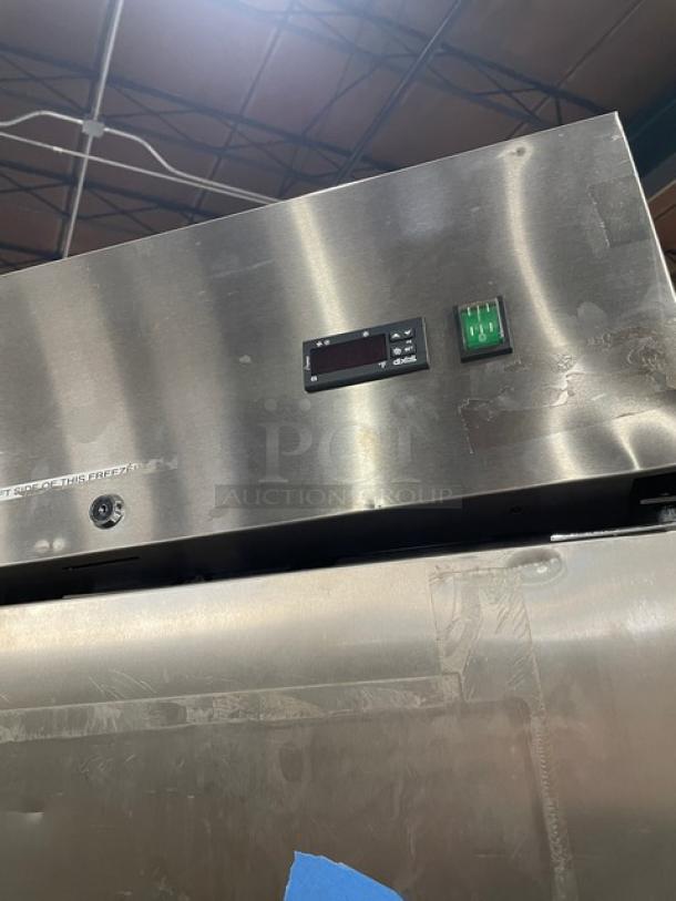 Arctic Air 2-Door Stainless Steel Freezer, Model AF49, SN: 311709, 115V, on casters, with digital control panel.