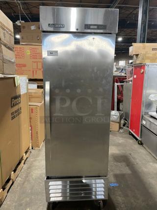 Berg EDRF23BERG commercial stainless steel one-door reach-in freezer with wired rack and digital controls; on casters.