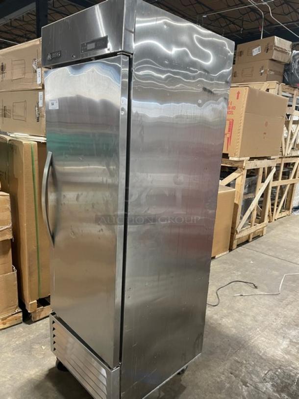 Berg EDRF23BERG commercial stainless steel one-door reach-in freezer on casters, with wired rack and digital controls.