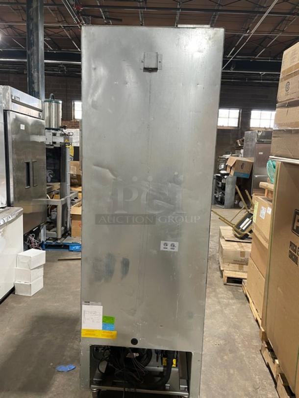 Berg EDRF23BERG commercial stainless steel one-door freezer, model EDRF23BERG, with wired rack, digital controls, 115V, on casters.