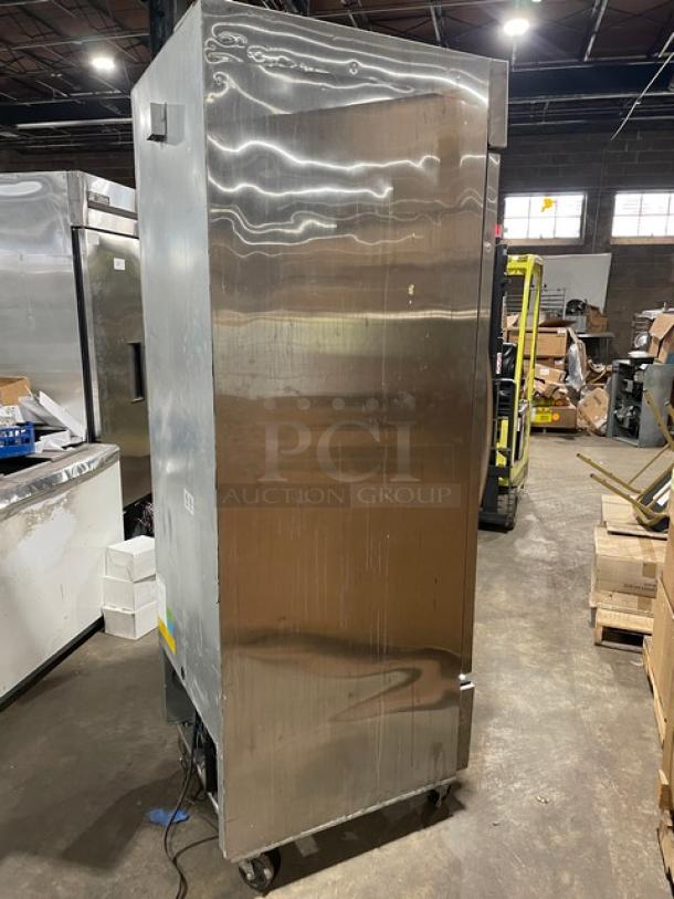 Berg EDRF23BERG commercial stainless steel single-door freezer with wired rack, digital controls, on casters, 115V.