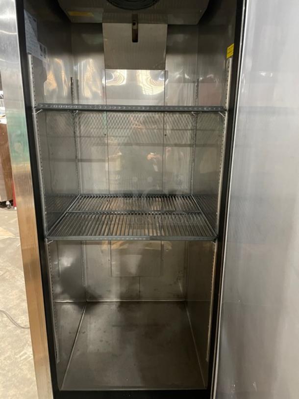 Berg EDRF23BERG stainless steel reach-in freezer, digital controls, wired rack, on casters, 115V, excellent condition.