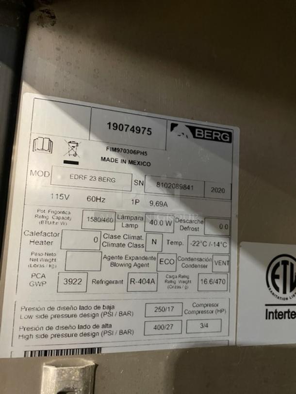 Berg EDRF23BERG stainless steel reach-in freezer with wired rack, digital controls, 115V, on casters, SN: 8102089841.