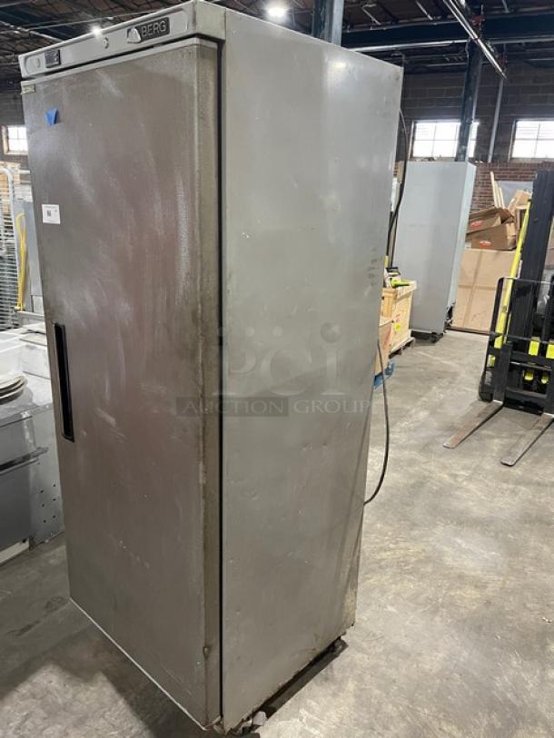 Berg BVEF23 commercial stainless steel single solid door reach-in freezer, on casters, with poly-coated wire rack. 115V, 1 phase, SN: 8029669.