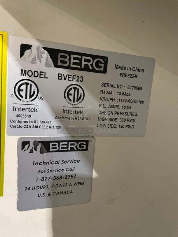 Berg Model BVEF23 stainless steel freezer, single solid door, poly coated rack, 115V, 1 phase, on casters, SN: 8029669.