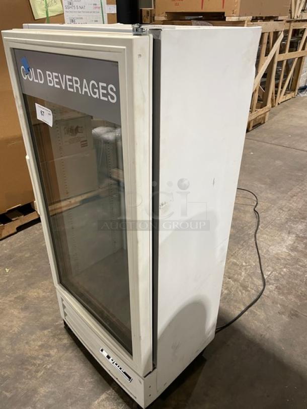 True GDM-10SSL-LD single glass door refrigerator, white, for cold beverage merchandising, 115V, used condition.