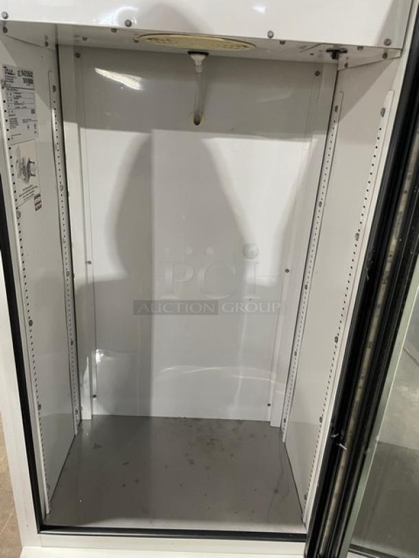 True GDM-10SSL-LD commercial refrigerator, single glass swing door, white interior, 115V, clean condition.