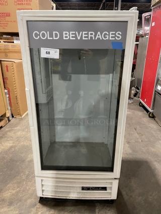 True GDM-10SSL-LD commercial white beverage merchandiser; single glass swing door; "Cold Beverages" label; 115V; used condition.