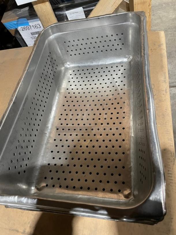Commercial stainless steel full-size perforated steam table pan, durable, ideal for buffets, lightly used condition.