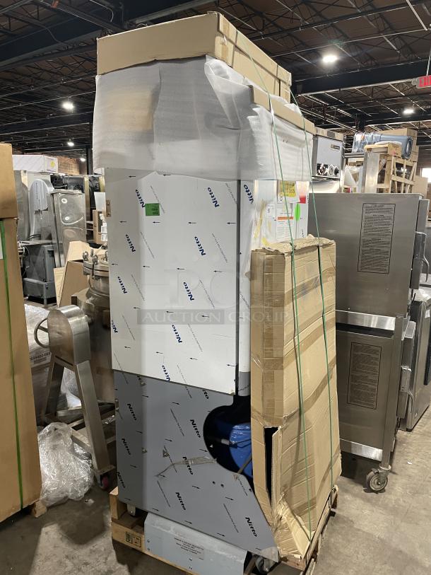 Brand new Franke F3D3P frozen French fry dispenser on pallet, wrapped in protective packaging. Ideal for high volume use.