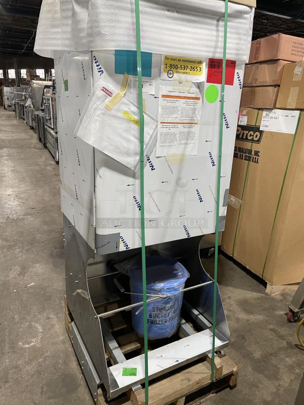 Brand new Franke Frozen French Fry Dispenser Machine, Model F3D3P, on pallet. Includes labels for setup assistance.