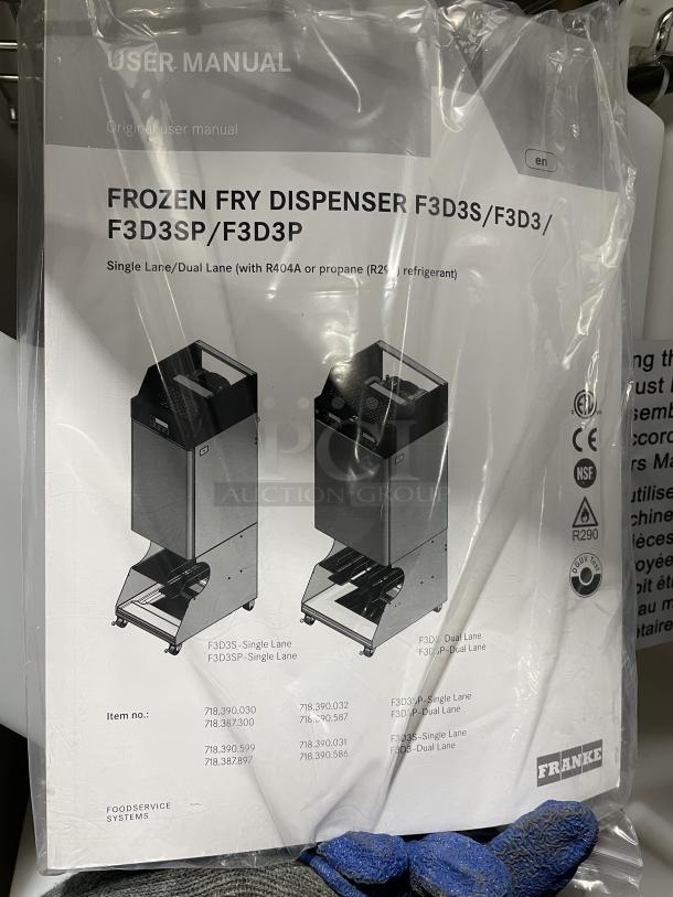 Brand new Franke Frozen French Fry Dispenser Machine, Model F3D3P, manual shown, great for high volume, on pallet.