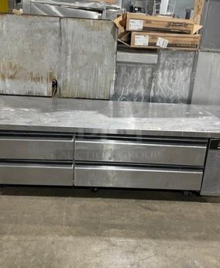True TSUU4808 stainless steel refrigerated prep table, electric 115V, with dual drawers, commercial use, good condition.