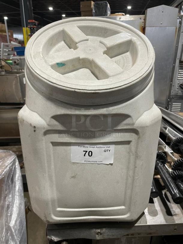 Commercial white ingredient bin with a labeled lid; used condition, durable design. Auction label indicates lot 70.