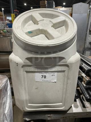 Commercial white ingredient bin with a labeled lid; used condition, durable design. Auction label indicates lot 70.