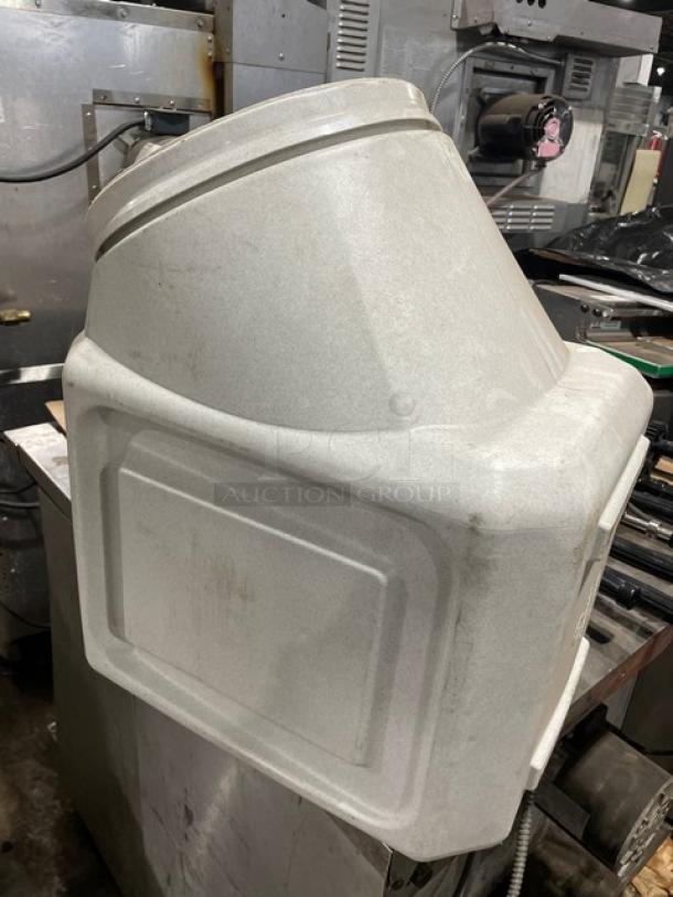 Commercial white ingredient bin, rectangular shape, large capacity, used condition, surface wear visible.