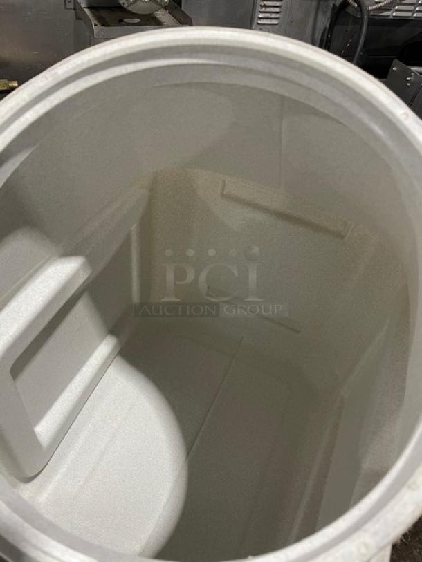 Commercial white ingredient bin, open top view. Spacious, durable plastic construction. Ideal for bulk storage.