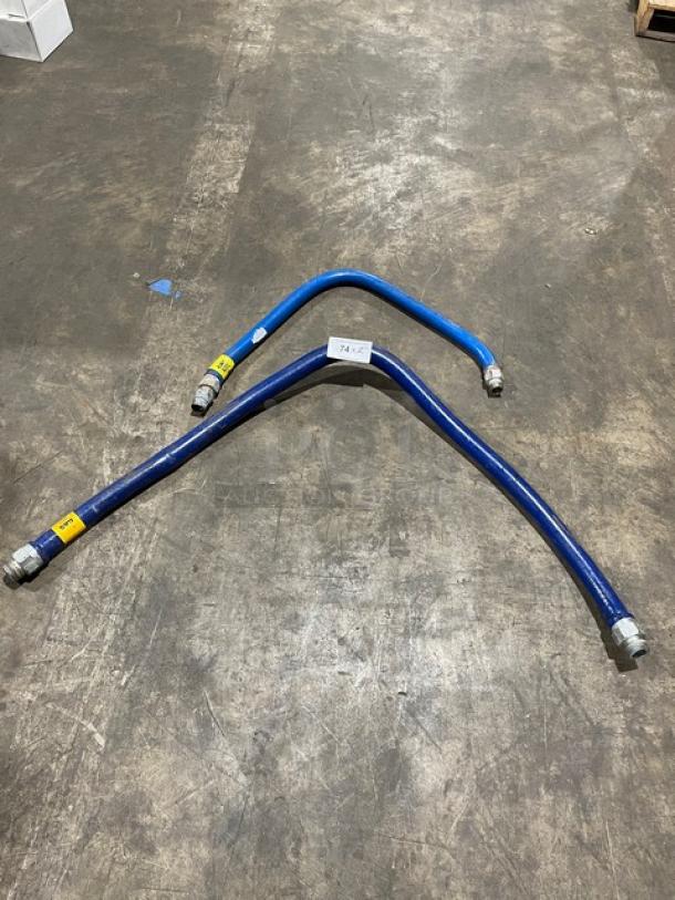 Dormont commercial gas connector hoses, blue, set of two, metal fittings, used condition, auction tag visible.