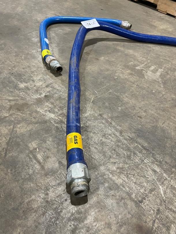 Dormont commercial gas connector hoses, blue, metal fittings, visible gas label, used condition, lot of two.