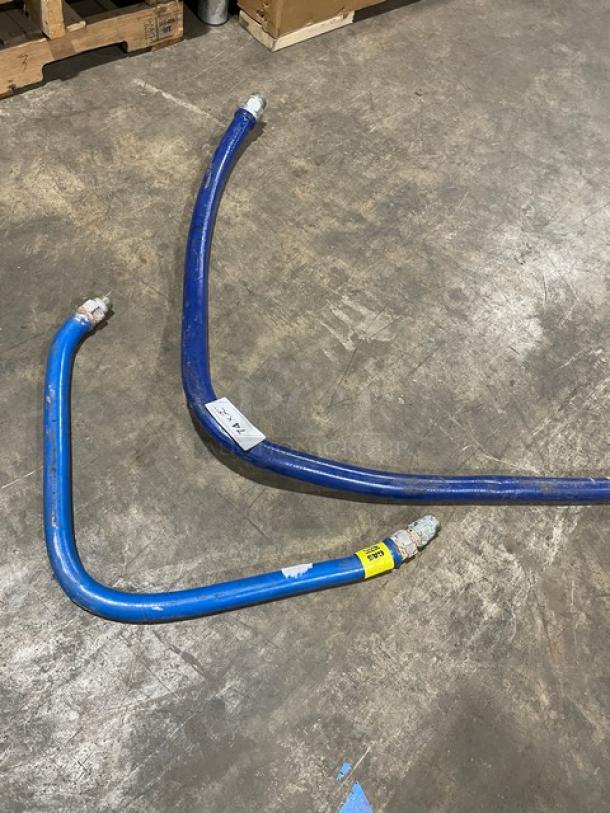 Dormont commercial gas connector hoses, blue, metal fittings, two shown, good condition, visible labels indicating model.