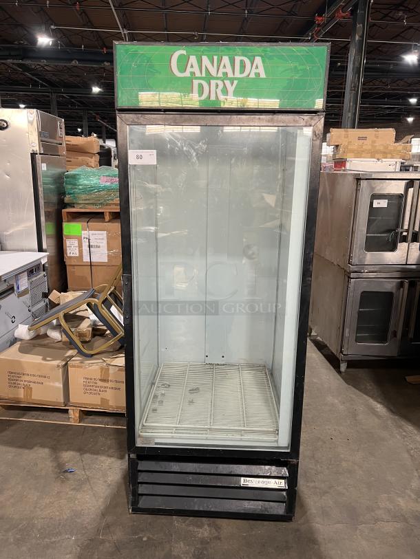 Beverage Air MT27 commercial glass door fridge with poly-coated rack. Model MT27, SN: 6663997, 115V, single phase.
