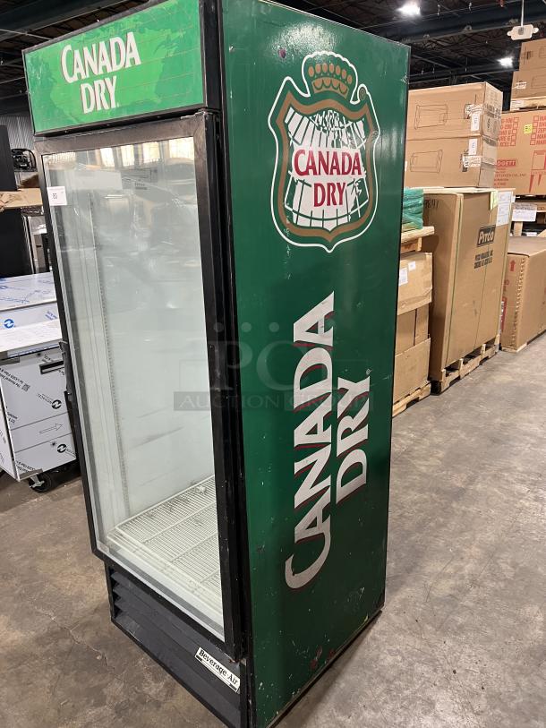 Beverage Air MT27 commercial refrigerator, single glass door, poly coated rack, Canada Dry branding, 115V, used condition.