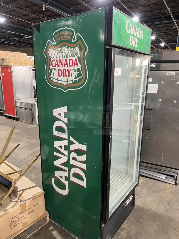 Beverage Air MT27 commercial single glass door fridge, Canada Dry branding, poly coated rack, 115V, 1 phase.