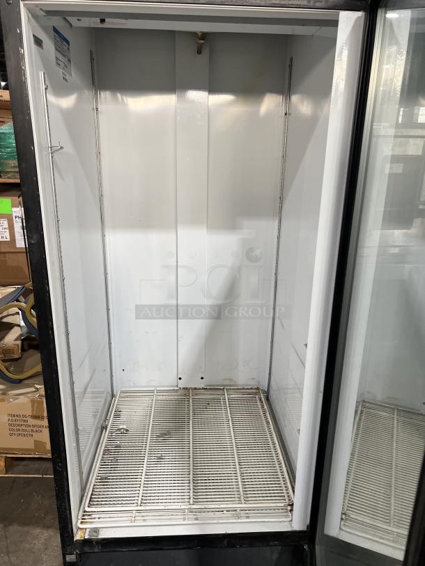 Beverage Air MT27 commercial glass door refrigerator, poly coated wire rack, model MT27, SN: 6663997, 115V, used.