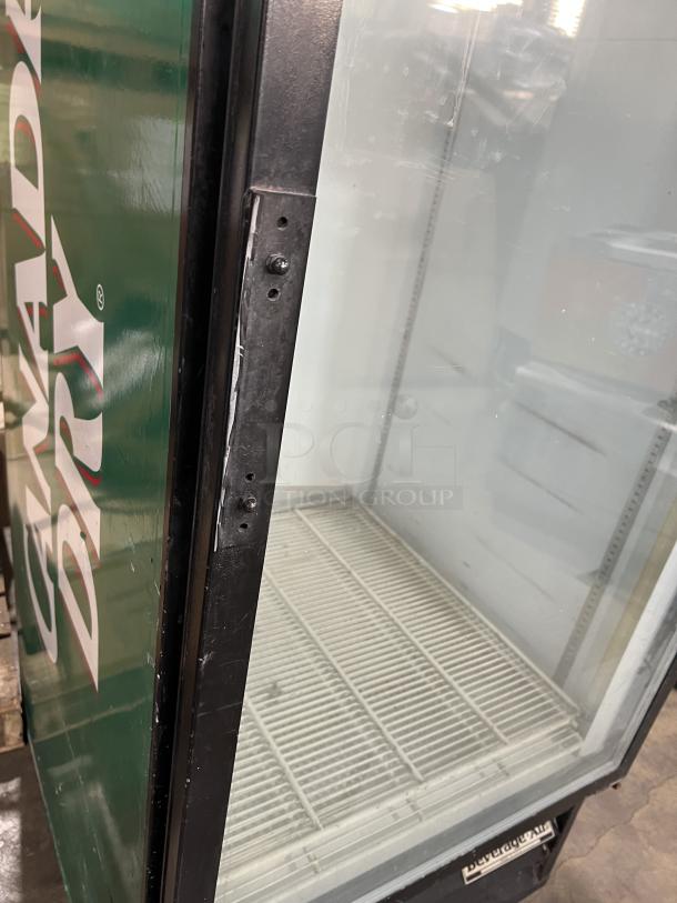 Beverage Air MT27 commercial glass door refrigerator with poly-coated wire rack, model MT27, SN: 6663997, 115V 1 Phase.