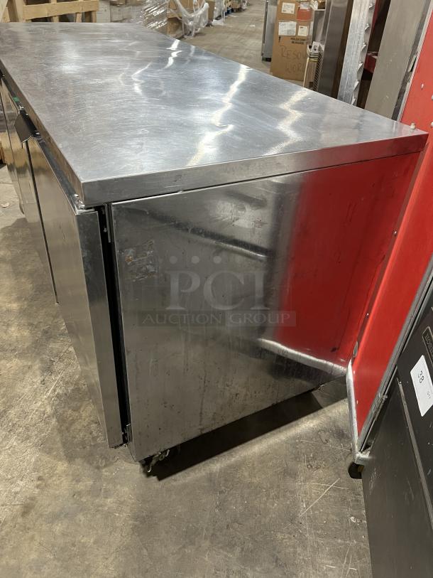 Beverage-Air WTR72AY commercial 3-door worktop refrigerator, stainless steel, 72", on casters, good condition.