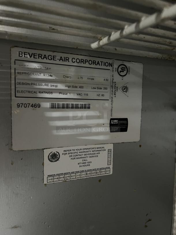 Beverage-Air Commercial Stainless Steel 3 Door 72" WTR72AY refrigerator label with model, SN 9707469, and specs displayed.