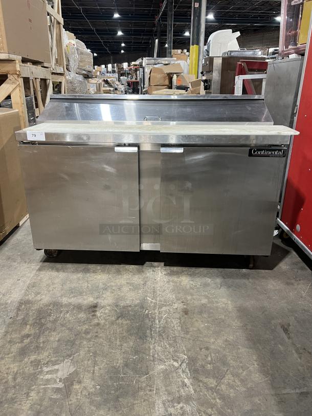 Continental Stainless Steel Sandwich Prep Table, Model SW60-16, dual door, used condition, commercial kitchen equipment.