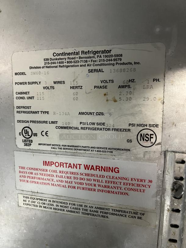 Continental SW60-16 refrigerated sandwich prep table, stainless steel, serial 13688268, 115V, NSF certified.