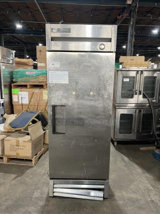 True Commercial Single Door Reach-In Freezer, Model T-19F, Stainless Steel, 115V, with poly coated racks, on casters.