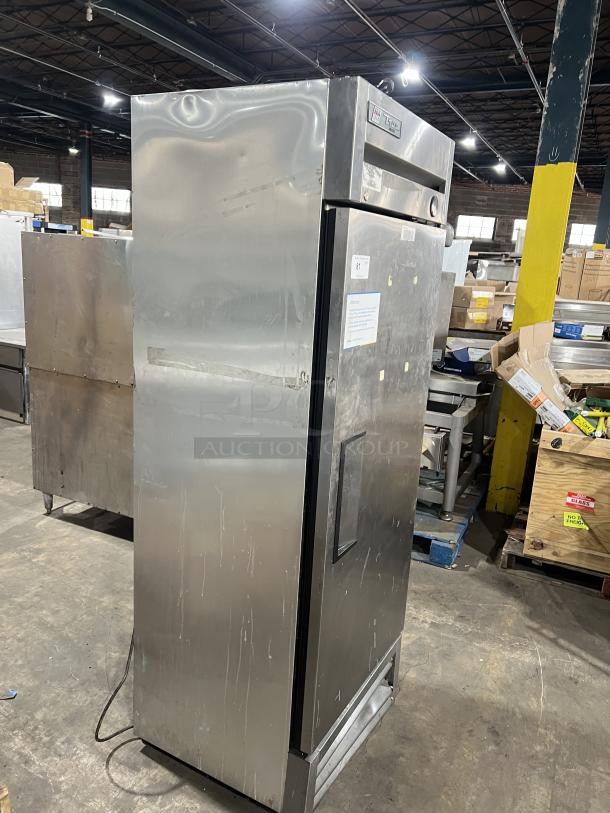 True Commercial Single Door Reach-In Freezer, Model T-19F, all stainless steel, on casters, includes poly coated racks.