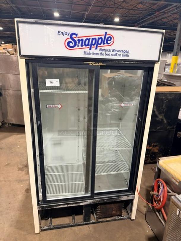 True GDM45 glass sliding door cooler merchandiser, 115V 1 Phase, with Snapple branding, used condition.