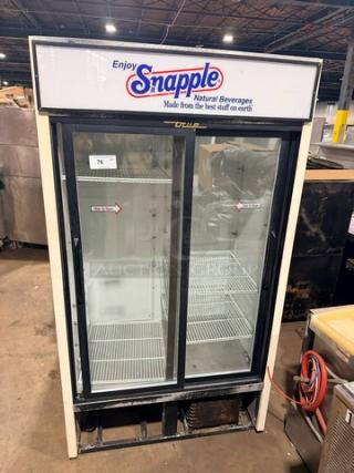 True GDM45 glass sliding door cooler merchandiser, 115V 1 Phase, with Snapple branding, used condition.
