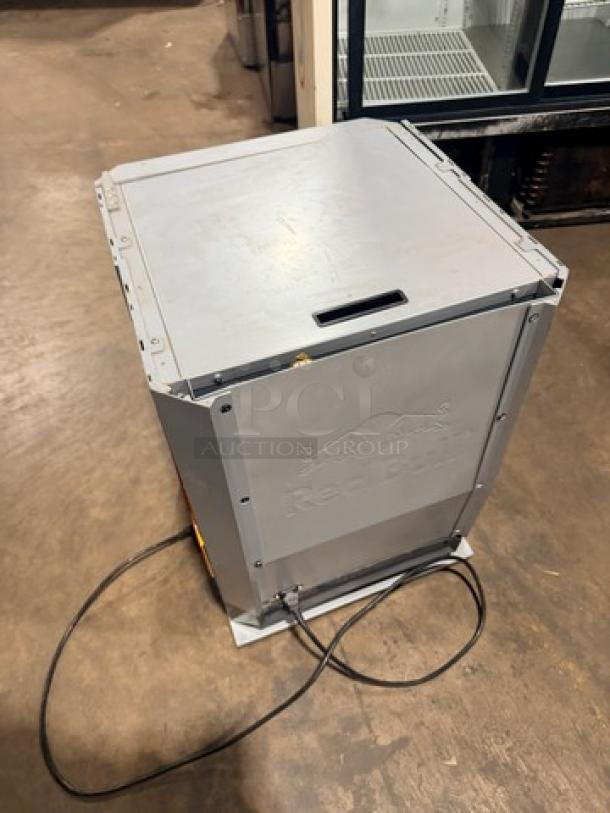 Commercial stainless steel beverage cooler, RedBu model RBGDCT, single glass door, LED-lit, 115V. Serial: GDCTB11G1208V00249.