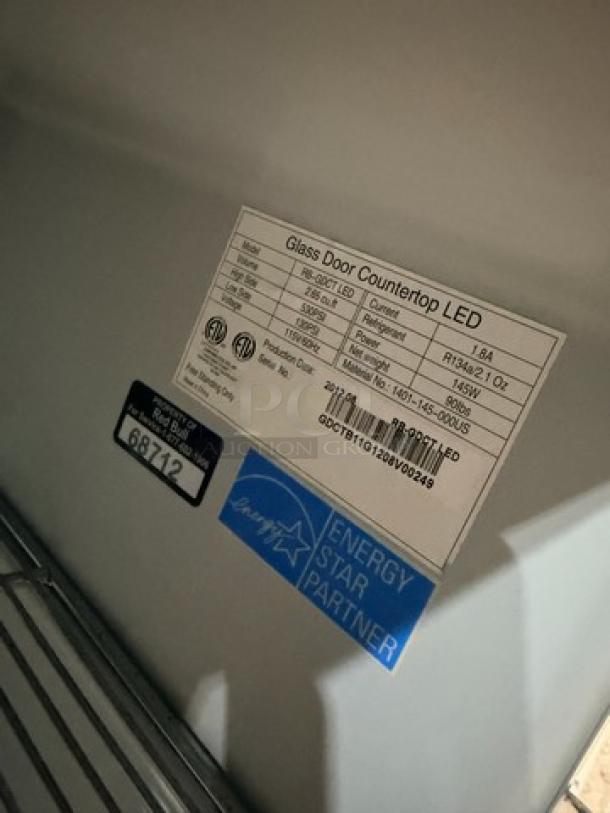 Commercial stainless steel RedBu countertop beverage cooler, single glass door, LED lights, model RBGDCT, 115V. Serial: GDCTB11G1208V00249.