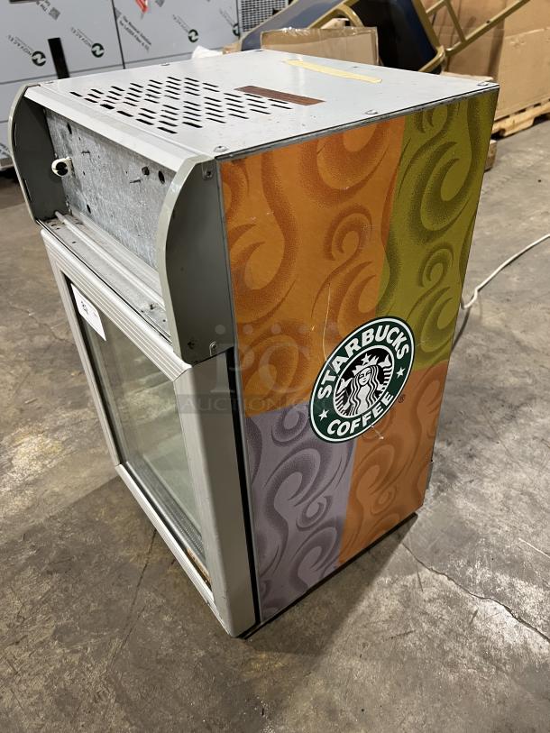 Starbucks Cold Masters CT200 countertop cooler, 115V 1 Phase, colorful swirled design, with Starbucks logo, used condition.