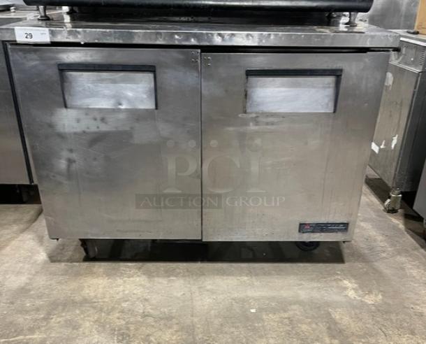 True TWT048 commercial 2-door undercounter refrigerator, stainless steel, on casters, 115V, model TWT0-48, SN: 1-3991055.