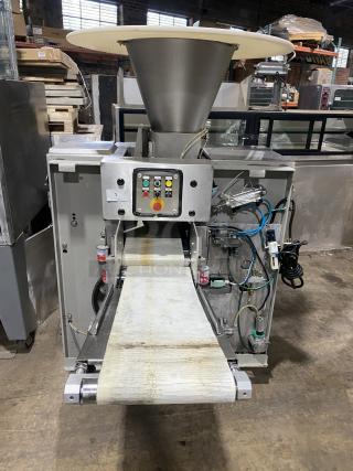 Benier commercial stainless steel industrial dough divider, used, with control panel and conveyor belt.