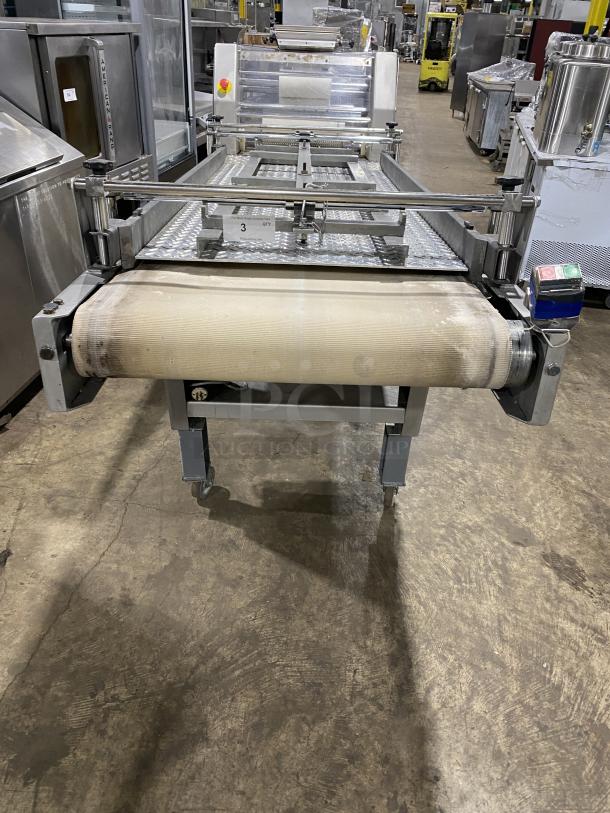 BTF Commercial Stainless Steel Dough Moulder Machine, Model OBLIK 3000, on casters, 3N 208V, SN: 001, used condition.