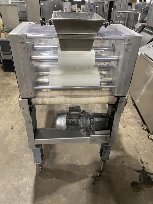 BTF Commercial Stainless Steel Dough Moulder Machine, Model: OBLIK 3000, on casters, 3N 208V, SN: 001, visible motor.