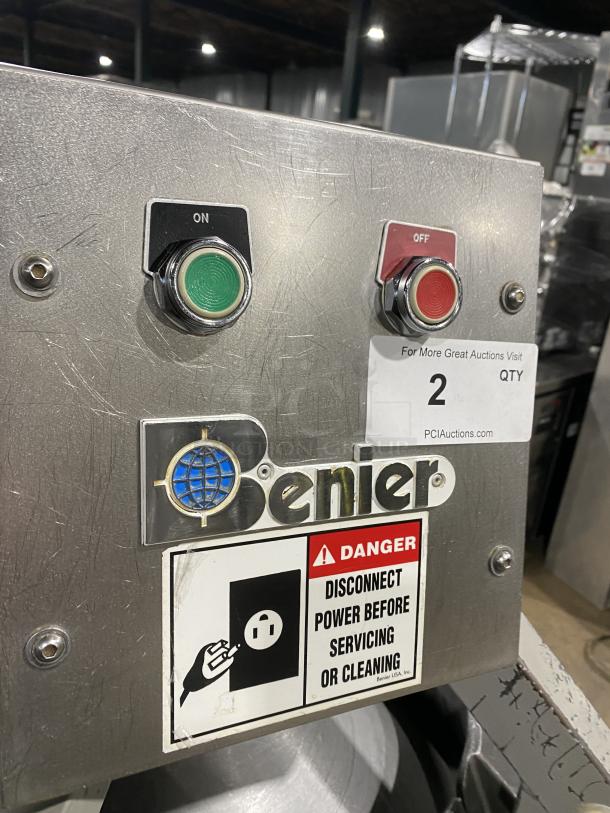 Benier commercial stainless steel conical dough rounder machine on casters with on/off buttons and safety warning label.