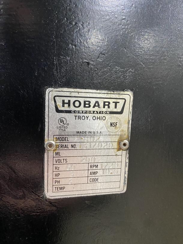 Hobart M802 stainless steel mixer, 200V. Serial number 1317020, label shows model and specs. Used in bakery settings.