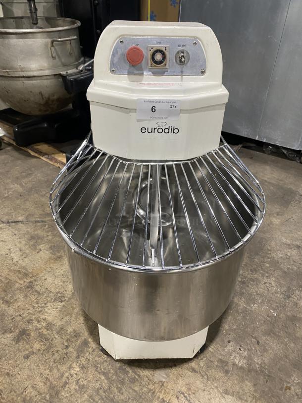 Eurodib LM50 spiral dough mixer, stainless steel, electric, single speed, 220V, commercial use, good condition, control panel.