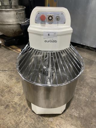 Eurodib LM50 spiral dough mixer, stainless steel, electric, single speed, 220V, commercial use, good condition, control panel.