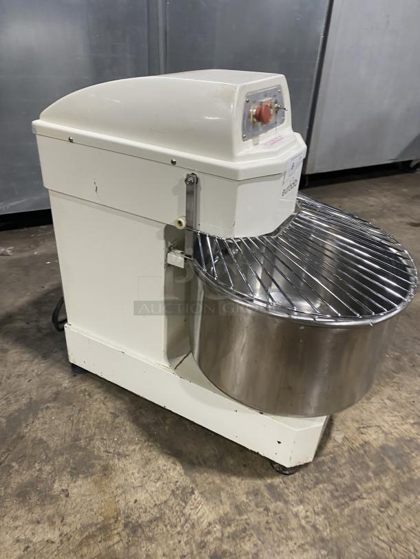 Eurodib LM50 commercial stainless steel spiral dough mixer, single speed, electric, white, visible minor wear.